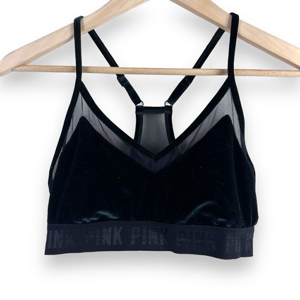Victorias Secret Sport Women's M Racerback Crushed Velvet Mesh Bralette Black